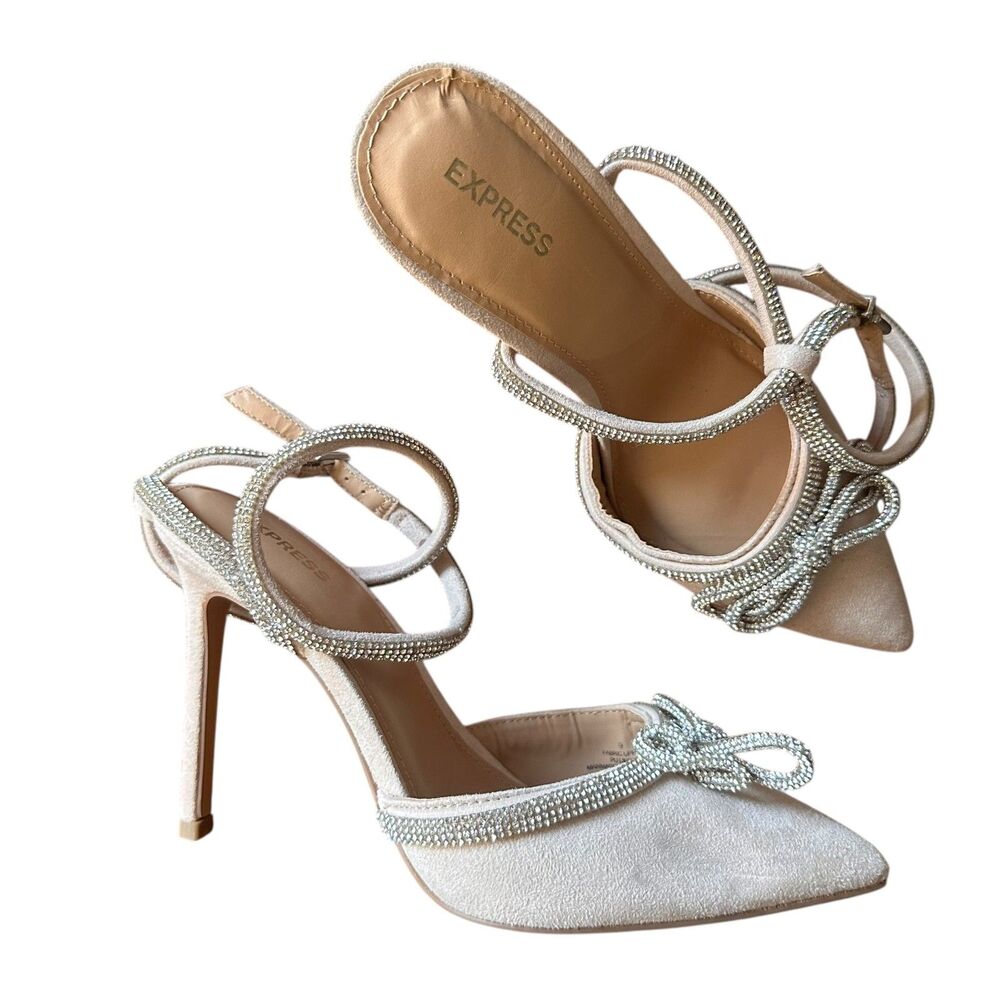 EXPRESS Rhinestone Bow Pointed Toe Heel Cream Sz 9‎